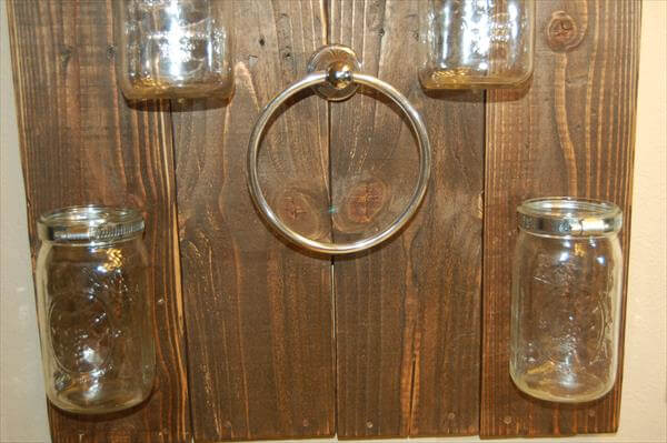 handcrafted mason jar shelf and towel rack