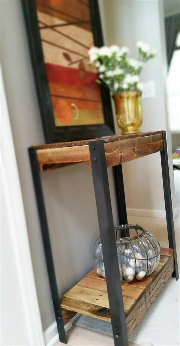 reclaimed pallet and metal sofa table
