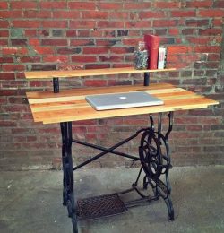 diy wooden pallet computer desk with metal sewing machine base