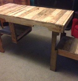 recycled pallet wood desk with side tabletop and storage cubby