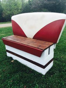 upcycled pallet and reclaimed old boat seat bench
