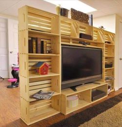 reclaimed pallet wall of shelf and media storage