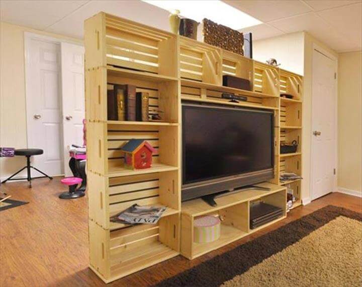 reclaimed pallet wall of shelf and media storage