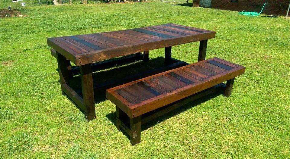 recycled pallet large table with matching benches