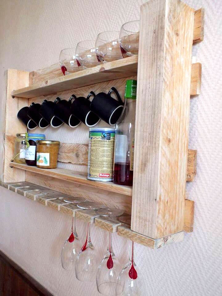 handcrafted wooden pallet tea rack with beverage glass rack