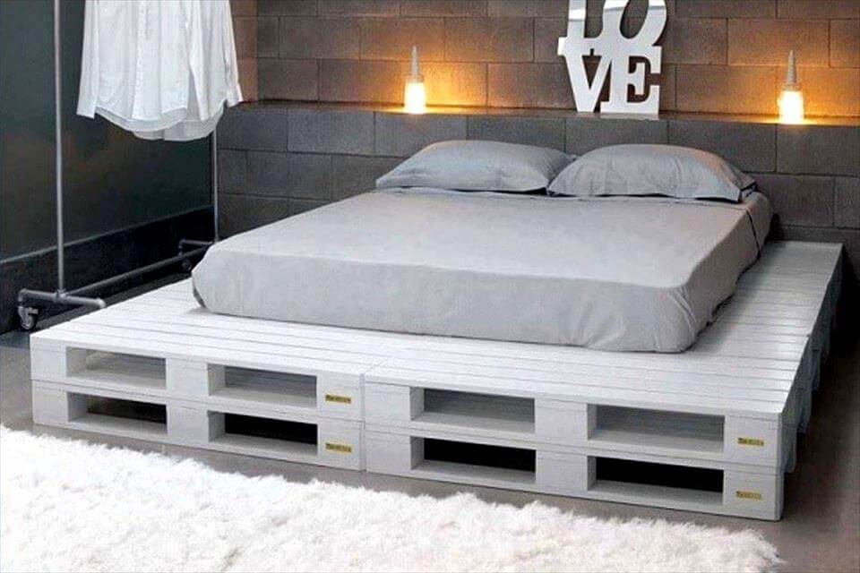 white painted pallet platform bed